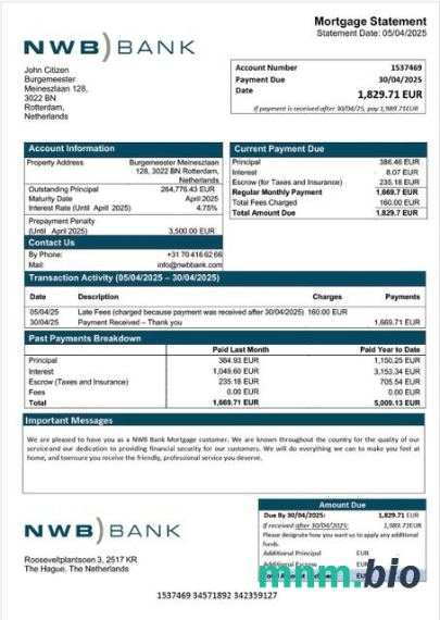 Holandia NWB Bank wyciąg z kredytu hipotecznego szablon Word i PDF